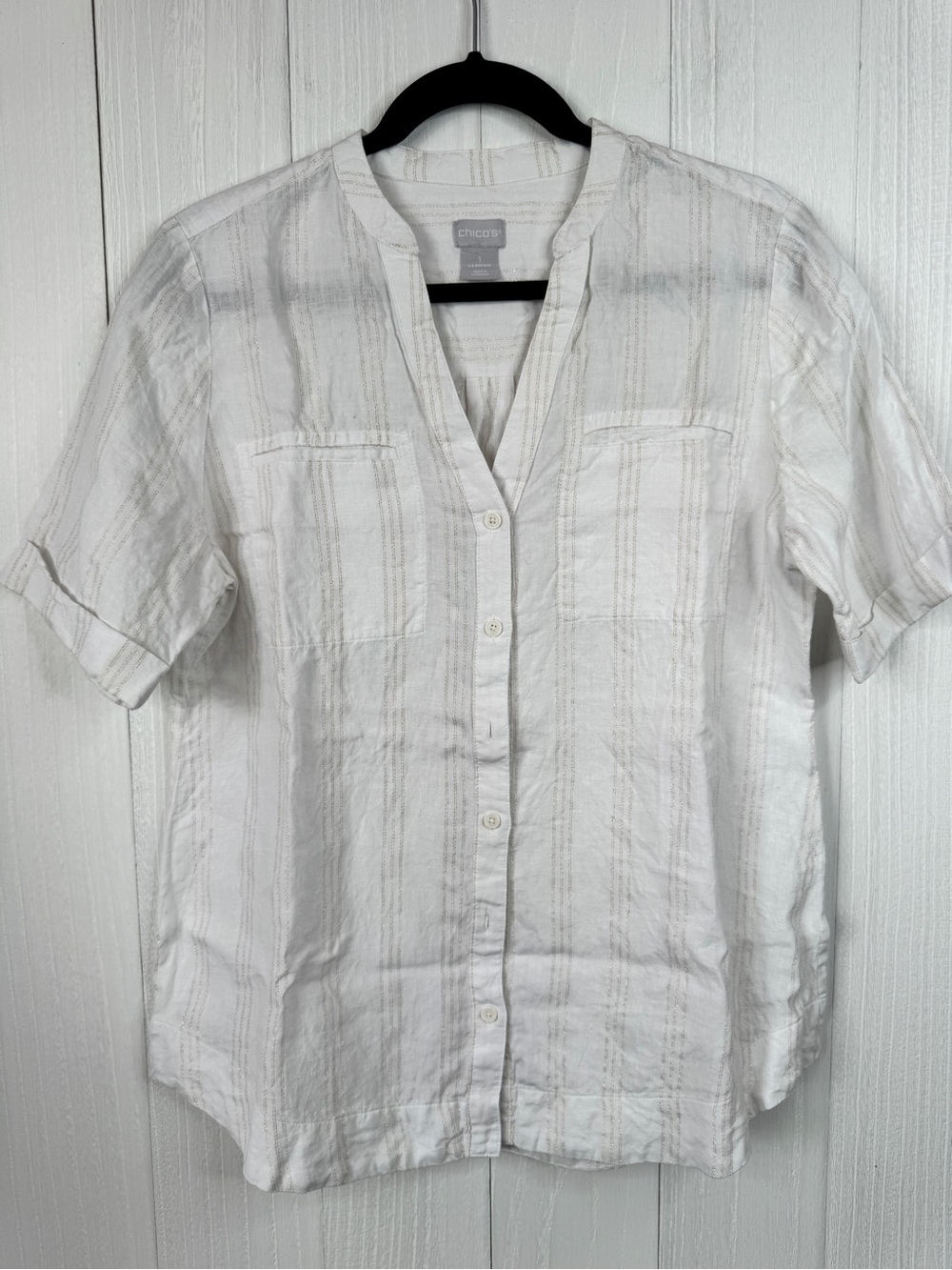 Chico’s Metallic Stripe Camp Shirt White Short Sleeve Button Down (US 8/10)